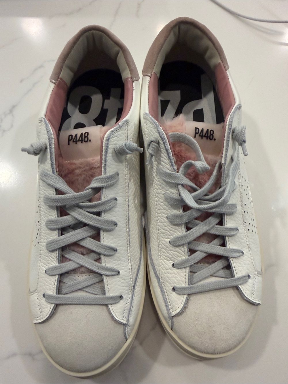 Authentic P448 Women's White Leather Sneakers with Pink Interior